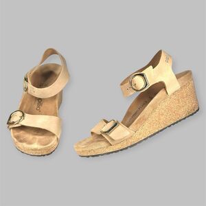 Papillio Birkenstock Sandals Solely Wedge Womens 38 / 7 Slingback Brown Leather